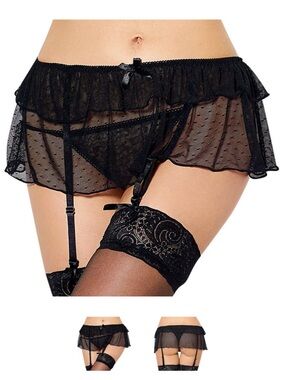 Kissablelegs Black Sheer Lace Garter Skirt with Bow Detail - Women Intimates